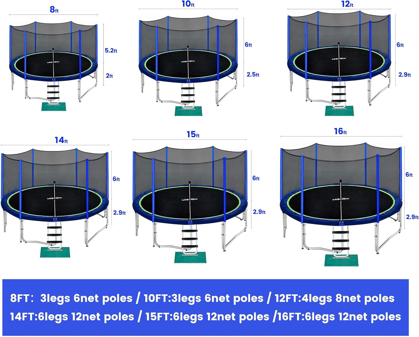 Zupapa Trampolines No-Gap Design 1500 LBS Weight Capacity 16 15 14 12 10 8FT for Kids Children with Safety Enclosure Net Outdoor Backyards Large Recreational Trampoline