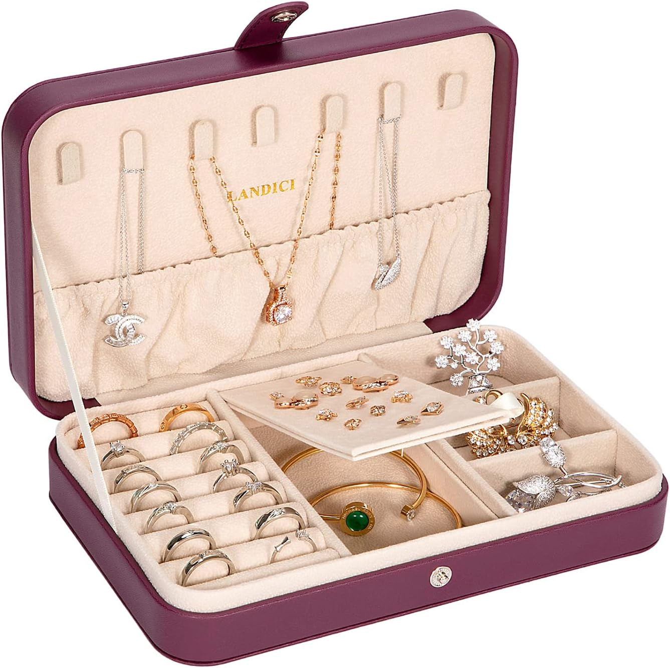 LANDICI Small Jewelry Box for Women Girls, PU Leather Travel Jewelry Case, Portable Jewelry Organizer Storage Holder Display for Ring Earrings Necklace Bracelet Bangle Men Kids Gift, Lavender