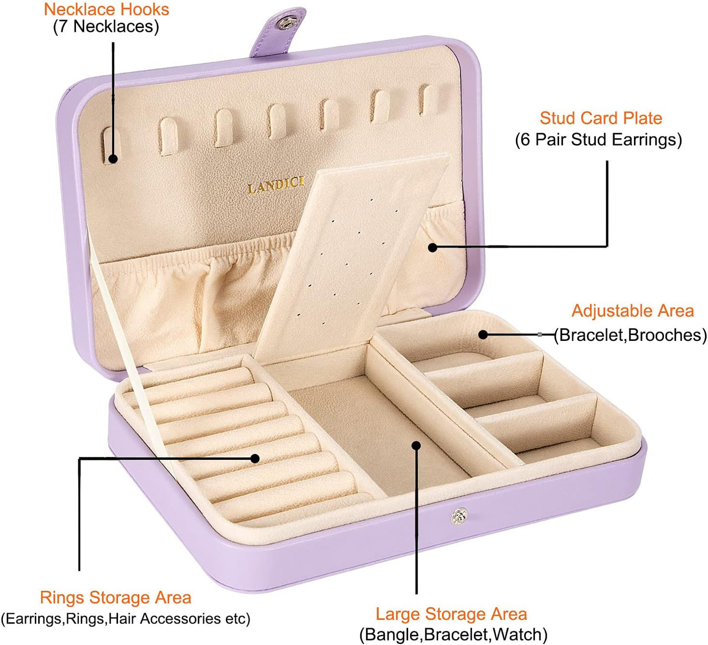 LANDICI Small Jewelry Box for Women Girls, PU Leather Travel Jewelry Case, Portable Jewelry Organizer Storage Holder Display for Ring Earrings Necklace Bracelet Bangle Men Kids Gift, Lavender