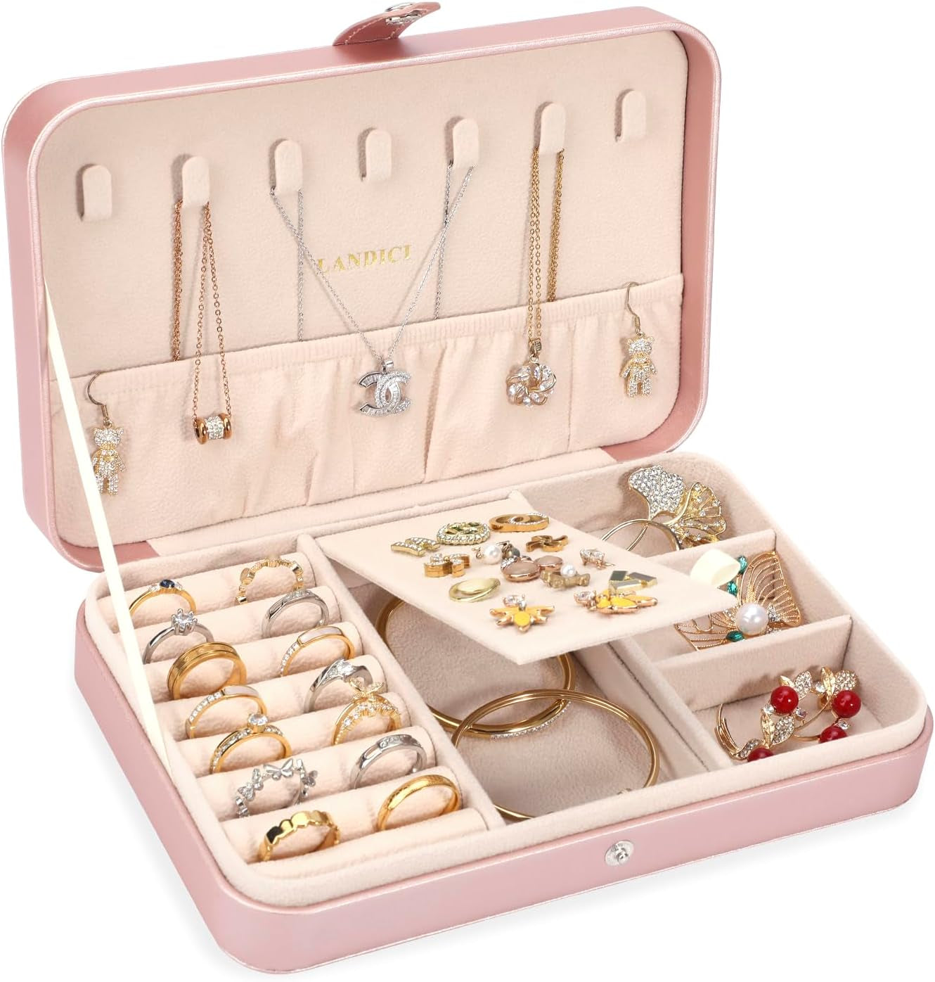 LANDICI Small Jewelry Box for Women Girls, PU Leather Travel Jewelry Case, Portable Jewelry Organizer Storage Holder Display for Ring Earrings Necklace Bracelet Bangle Men Kids Gift, Lavender