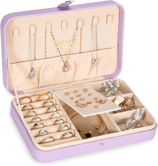LANDICI Small Jewelry Box for Women Girls, PU Leather Travel Jewelry Case, Portable Jewelry Organizer Storage Holder Display for Ring Earrings Necklace Bracelet Bangle Men Kids Gift, Lavender
